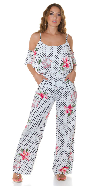 Treny Off-Shoulder Jumpsuit with Print White